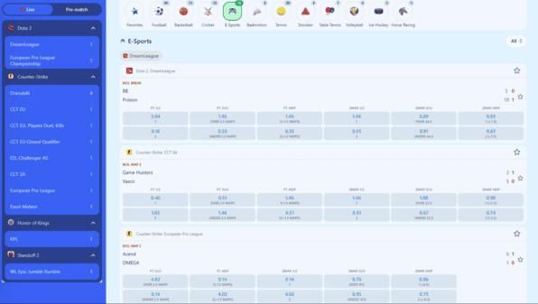 Halaman pertaruhan esports Dash King 88 dengan senarai perlawanan, pasaran peta dan susun atur grid odds