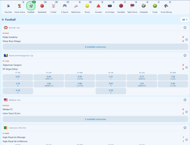 Pasaran pertaruhan bola sepak di Dash King 88 dengan baris odds, pilihan jumlah dan handicap serta tab perlawanan