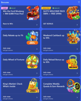 Hab promosi Dashking88 menunjukkan tawaran bonus, kod daftar masuk harian dan blok terma pendek