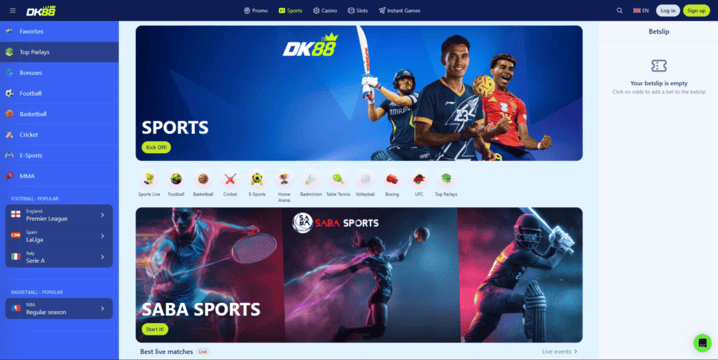 Antara muka sportsbook di Dash King 88 dengan senarai acara, pasaran pertaruhan dan panel slip pertaruhan